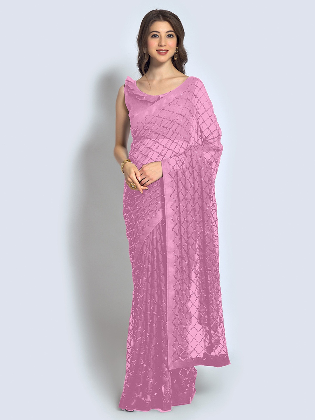 

Moda Rapido Embellished Sequinned Pure Georgette Saree, Pink