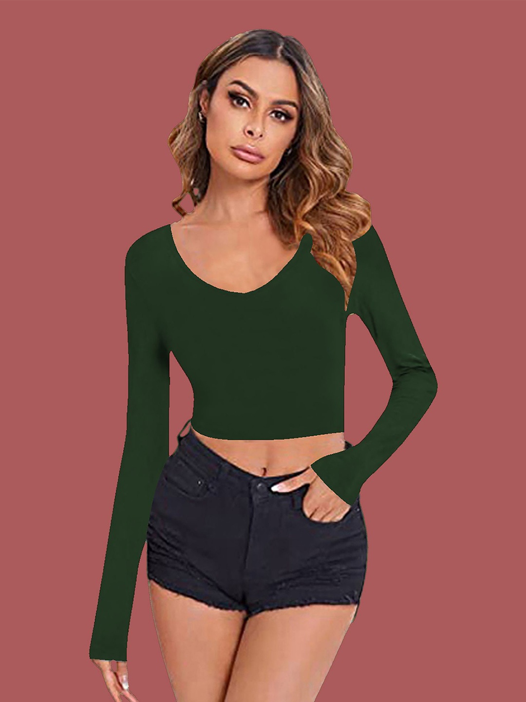 

Dream Beauty Fashion Women V-Neck Fitted Crop Top, Green