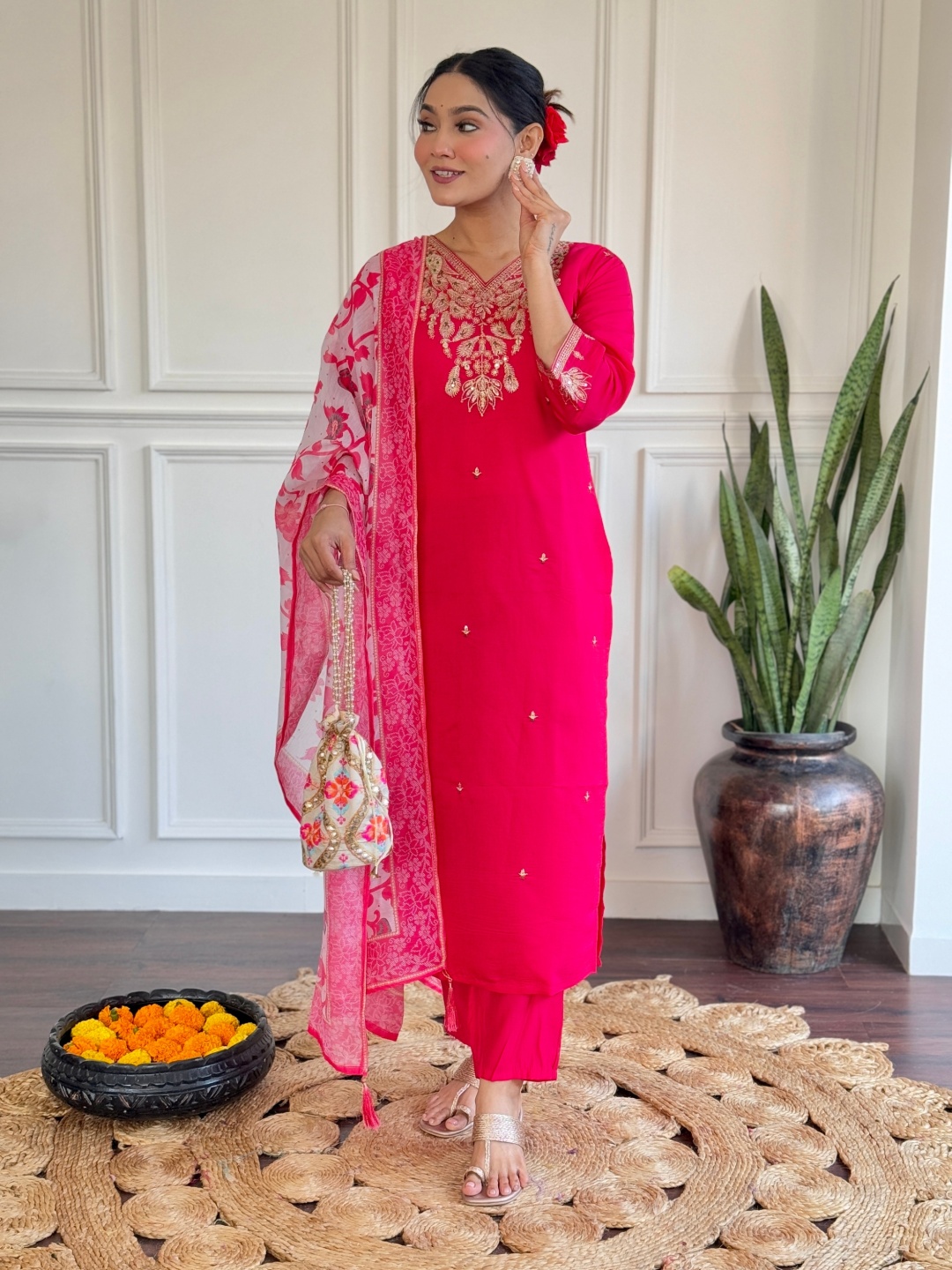 

KALINI Ethnic Motifs Embroidered V-Neck Zari Chanderi Silk Kurta With Trousers And Dupatta, Pink