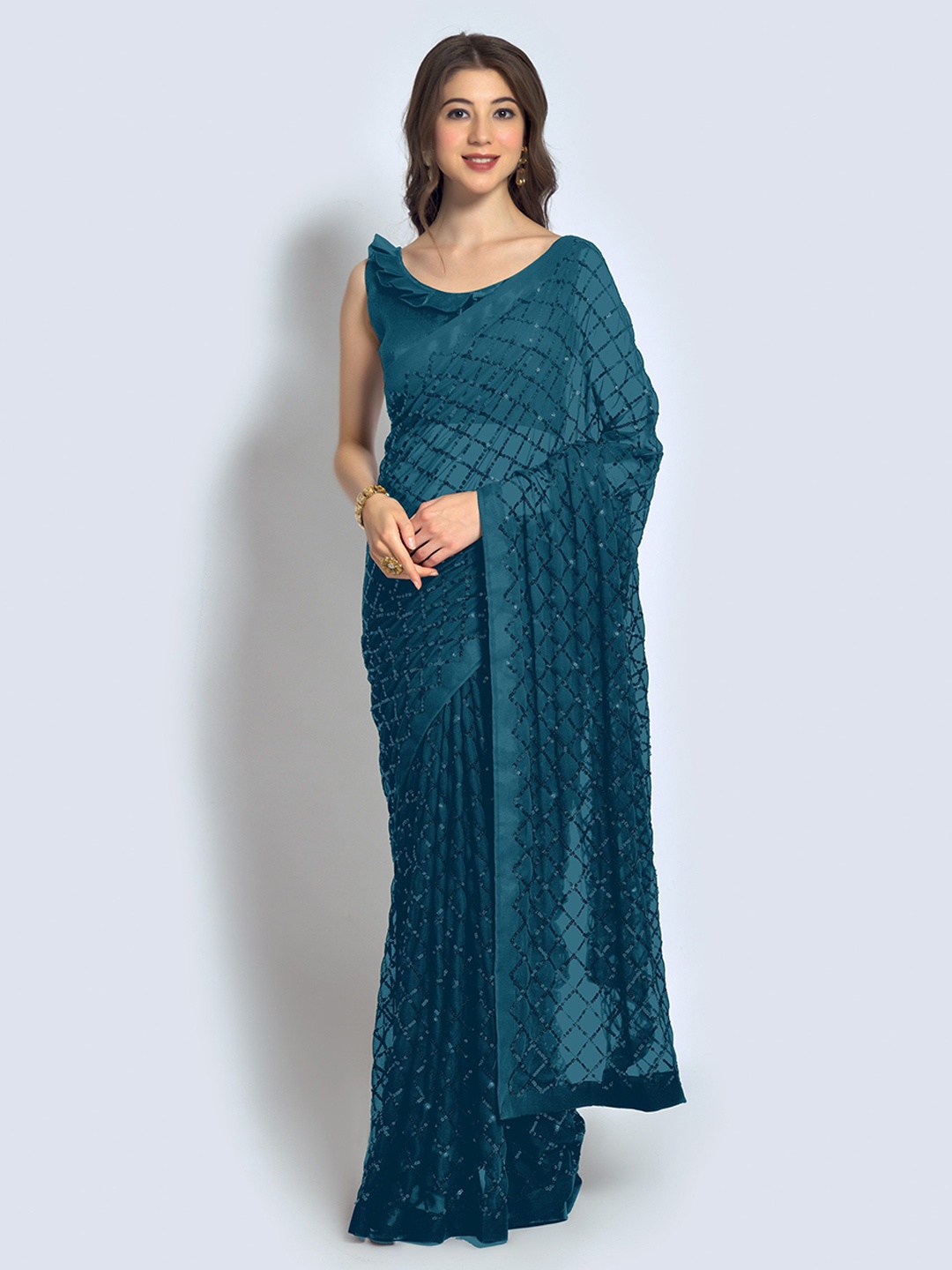 

Moda Rapido Embellished Sequinned Pure Georgette Saree, Navy blue