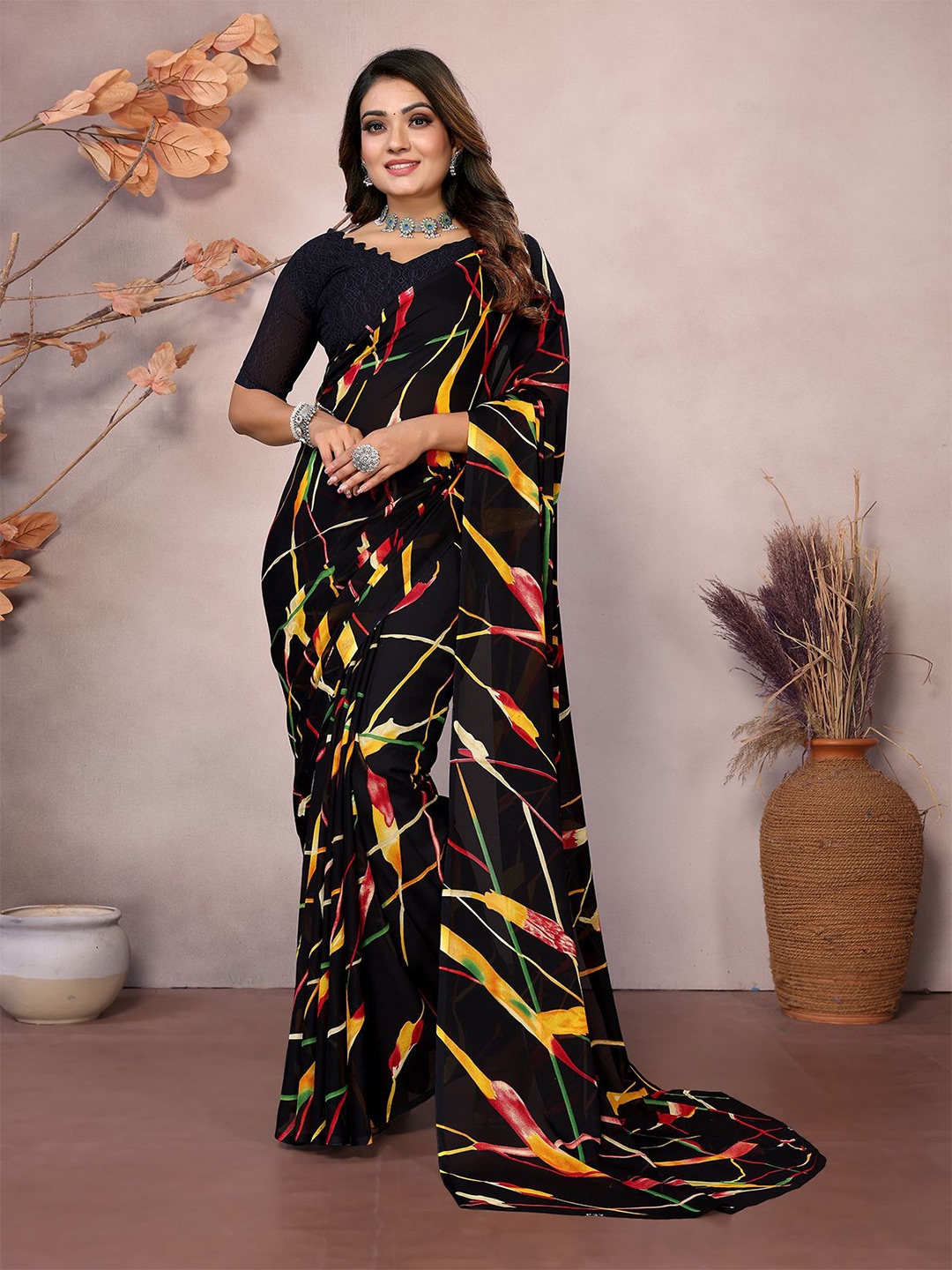 

Moda Rapido Leheriya Poly Georgette Saree, Black