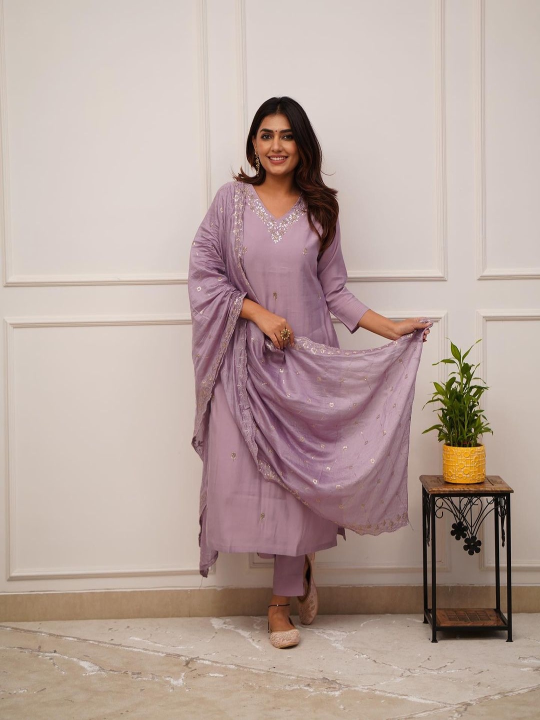

Moda Rapido Floral Embroidered Gotta Patti V-Neck Straight Kurta With Trousers & Dupatta, Purple