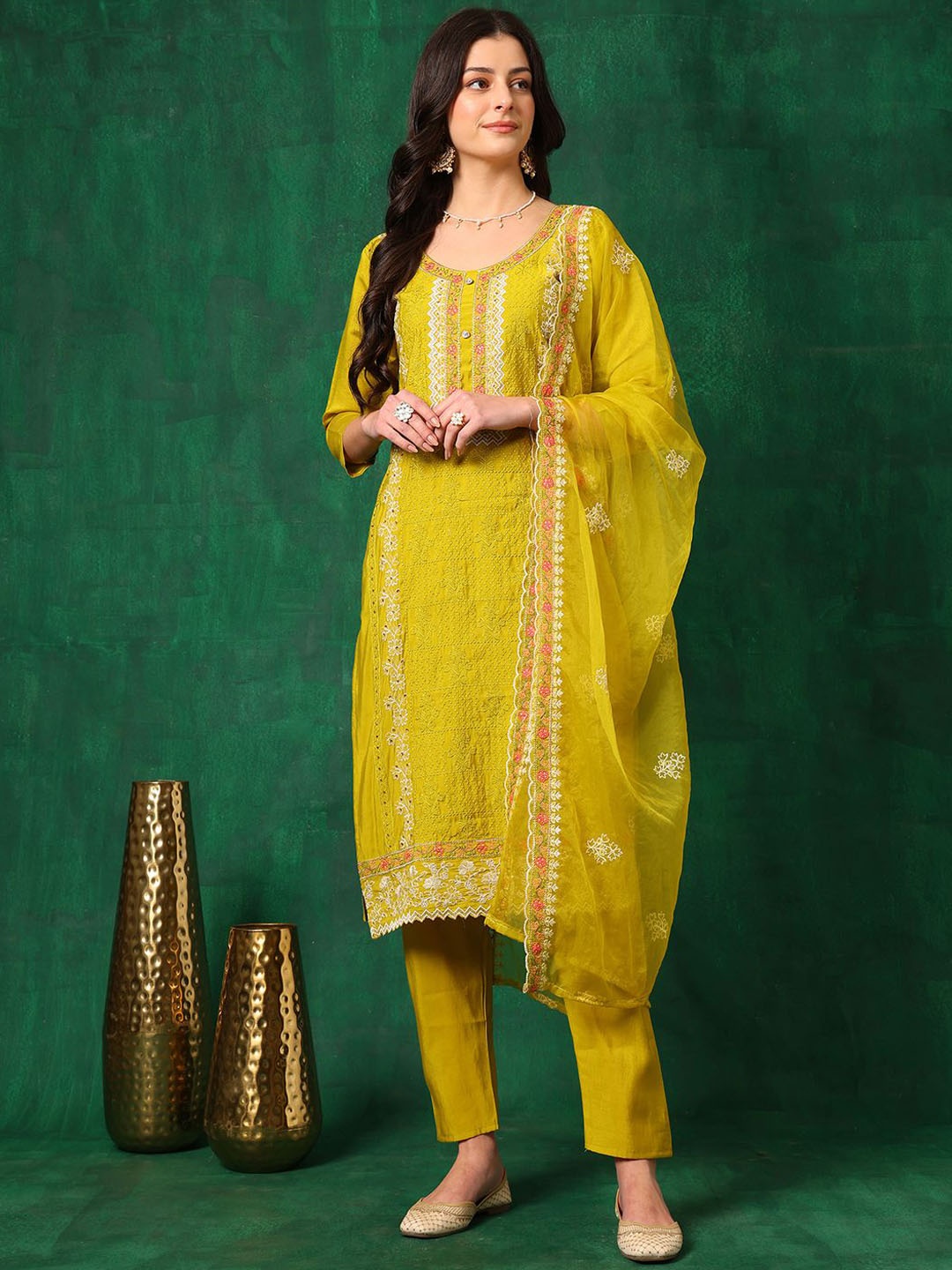 

KALINI Floral Embroidered Chanderi Cotton Straight Kurta With Trousers & Dupatta, Mustard