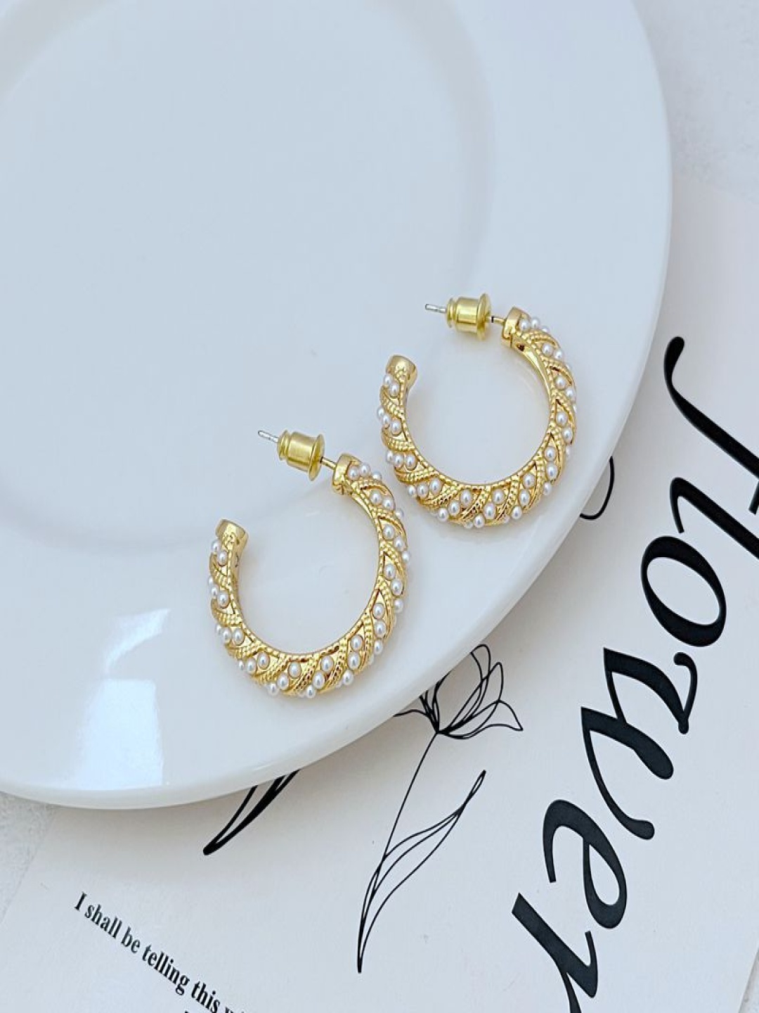 

DIVASTRI Stainless Steel Gold-Plated Pearls Beaded Contemporary Shaped Half Hoop Earrings