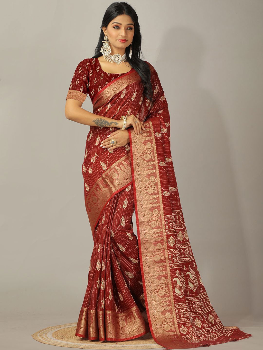 

NIRMAL CREATION Ethnic Motifs Printed Pure Cotton Saree, Maroon