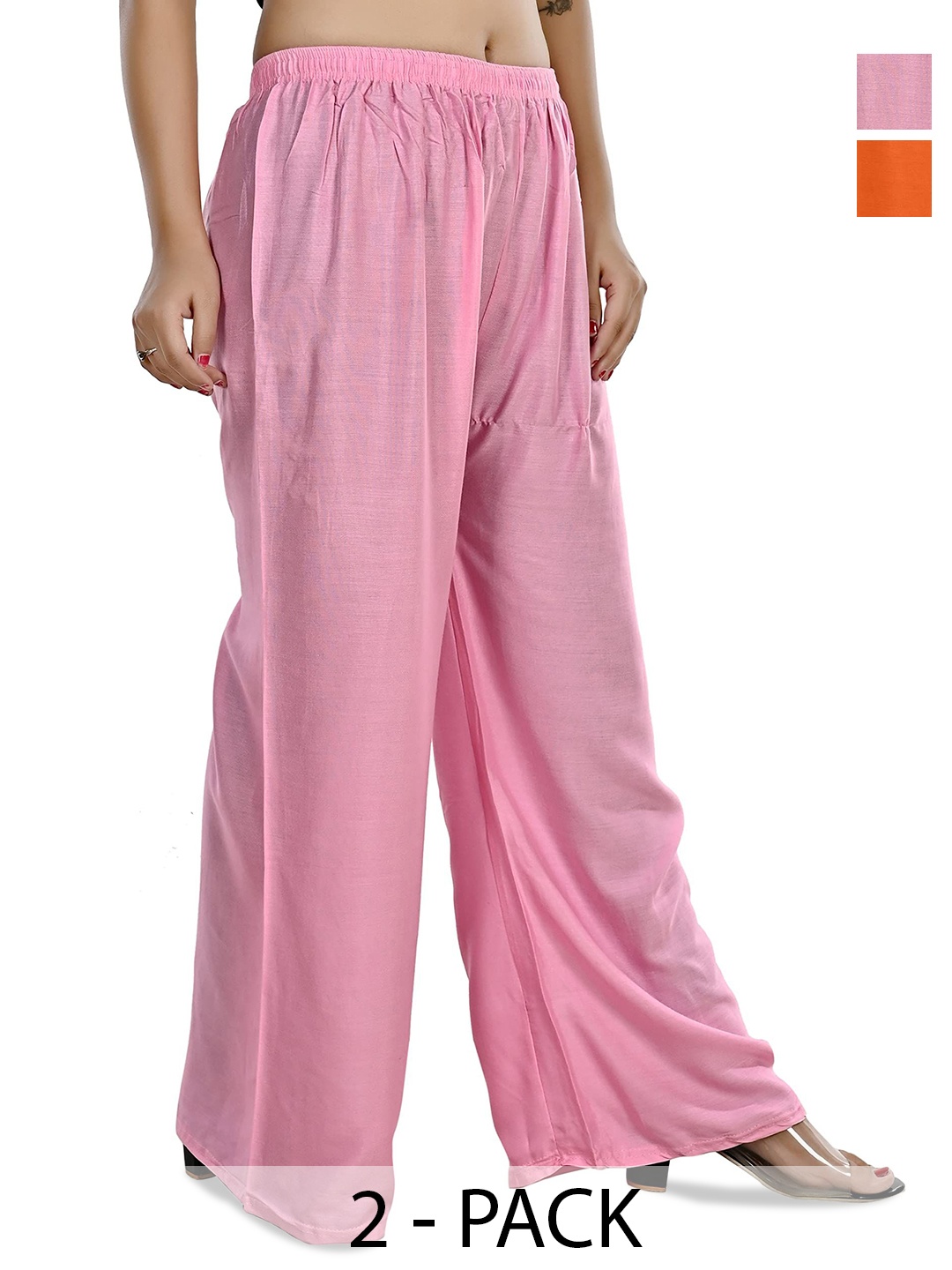 

NarNari Women Pack Of 2 Mid-Rise Wide Leg Palazzos, Pink