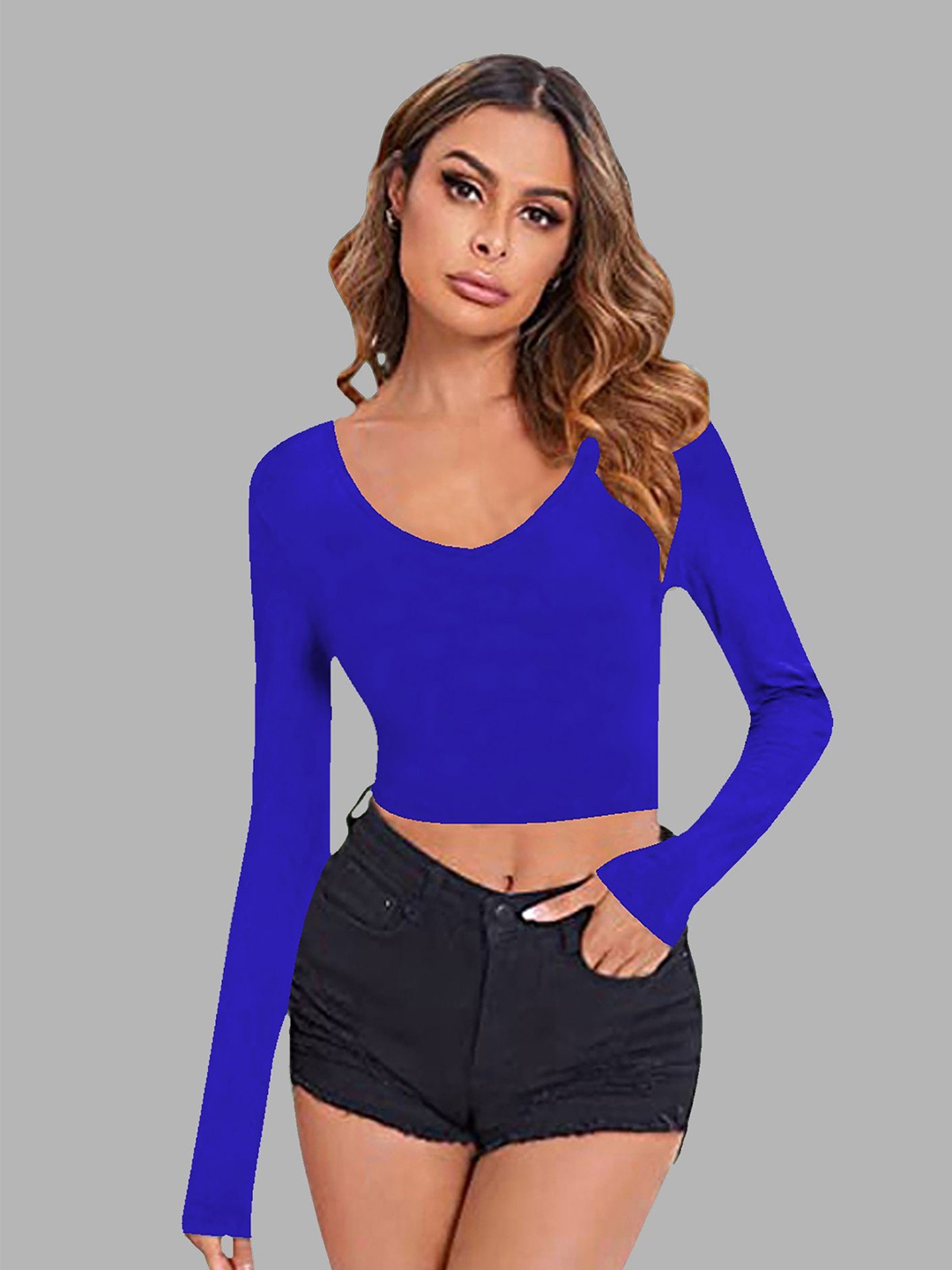 

Dream Beauty Fashion Women V-Neck Fitted Crop Top, Blue