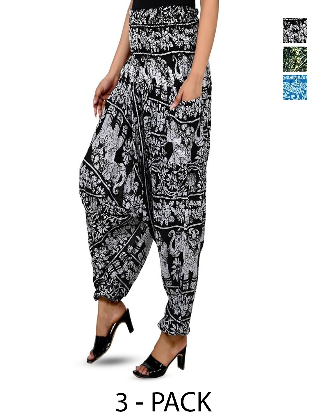 

NarNari Women Pack Of 3 Printed Mid-Rise Harem Pants, Green