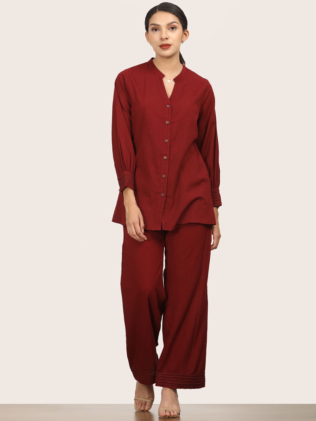 

Saltpetre Women Maroon Split V-neck Bishop Sleeve Tunic With Pants Co-ord Set