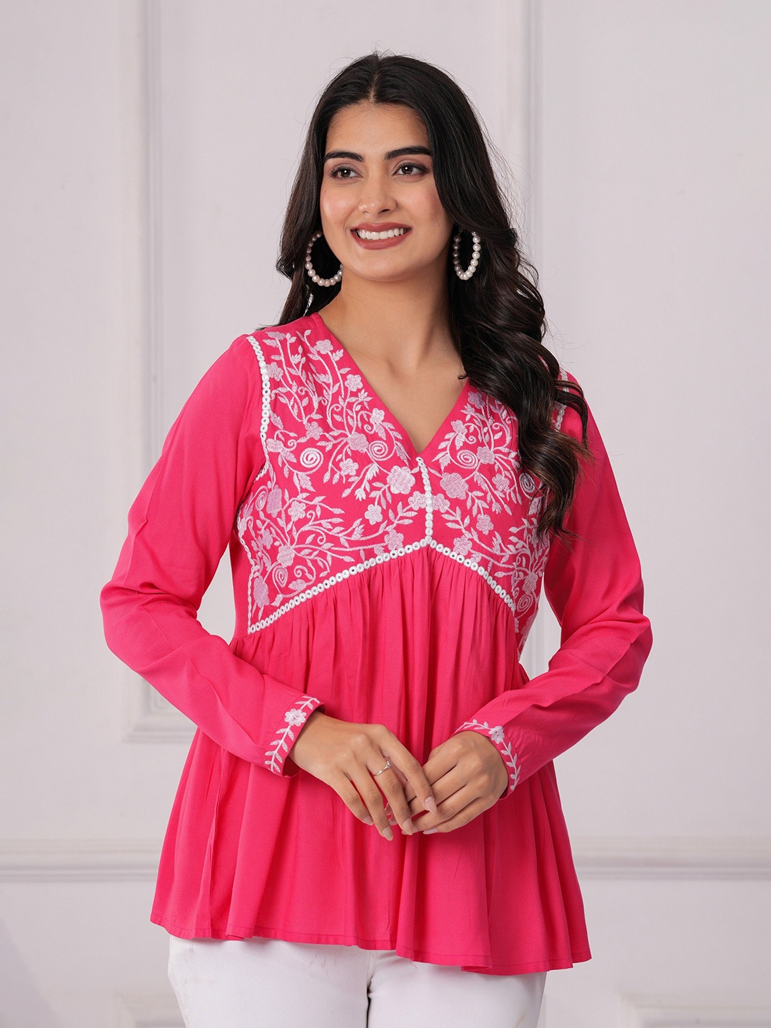 

PINGAKSH Embellished Embroidered Peplum Top, Pink