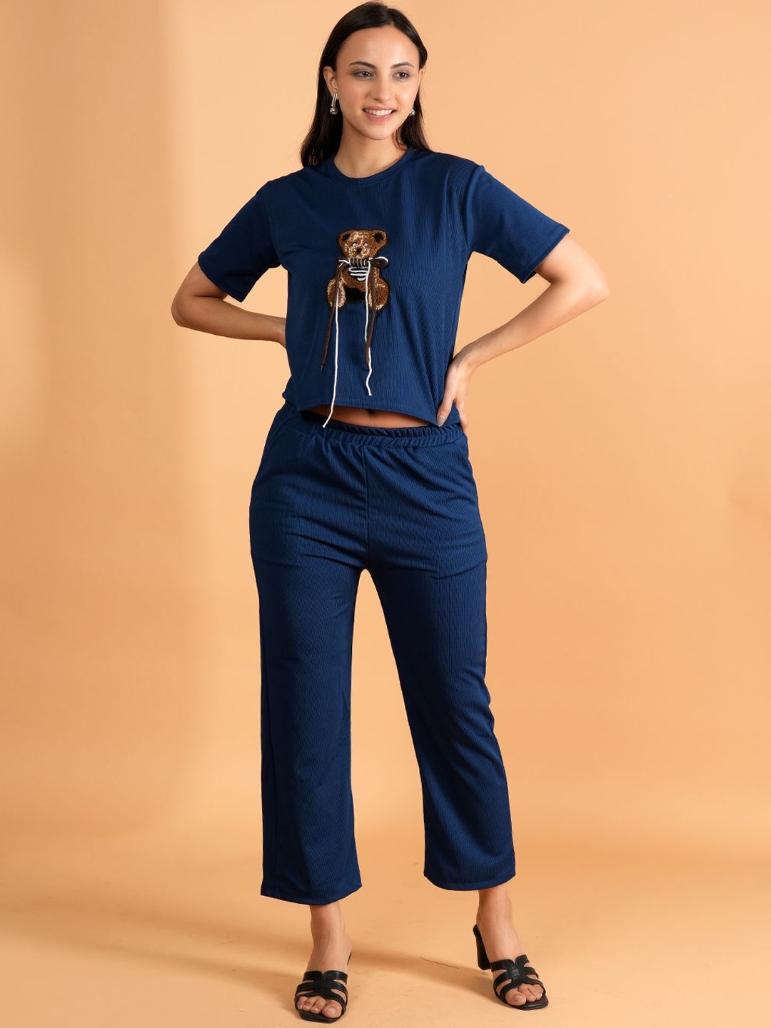 

BAESD Abstract Printed Round Neck T-Shirt With Trousers, Navy blue