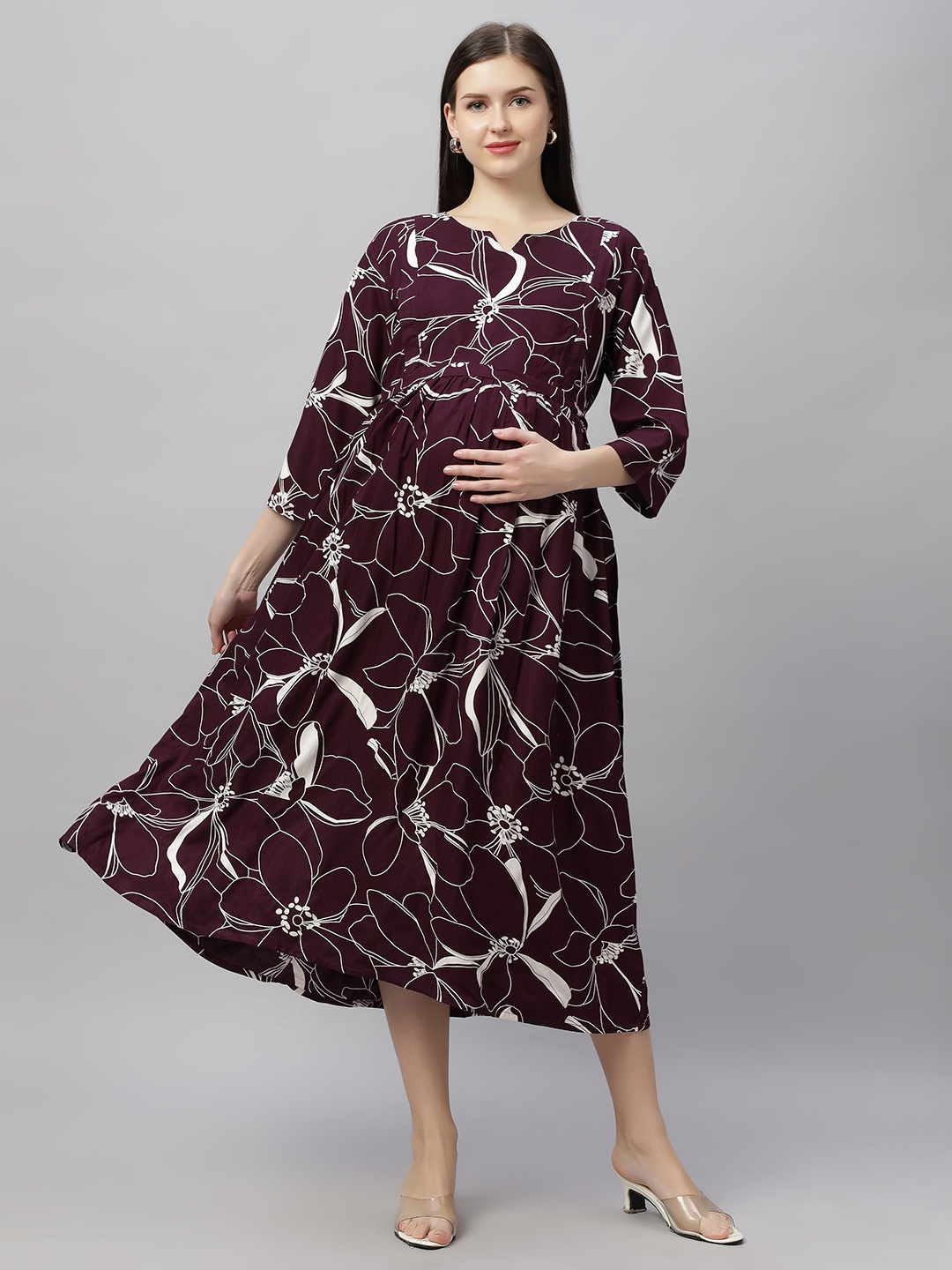 

DZZO Floral Printed Maternity Fit & Flare Midi Dress, Maroon