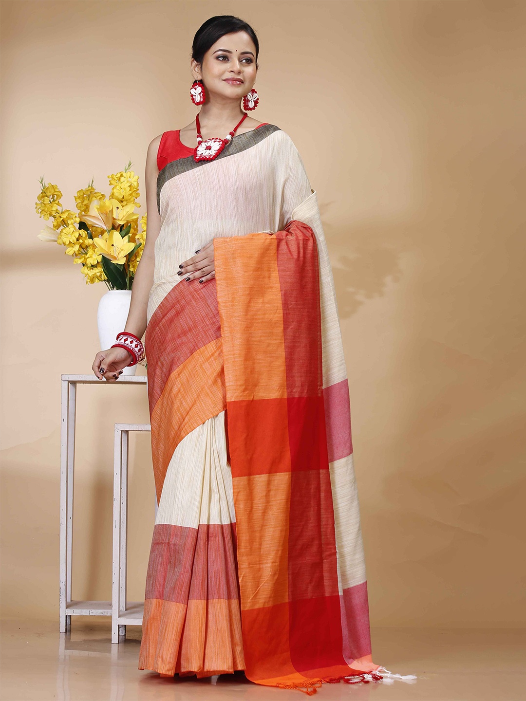 

SRILOK Pure Cotton Khadi Saree, Cream