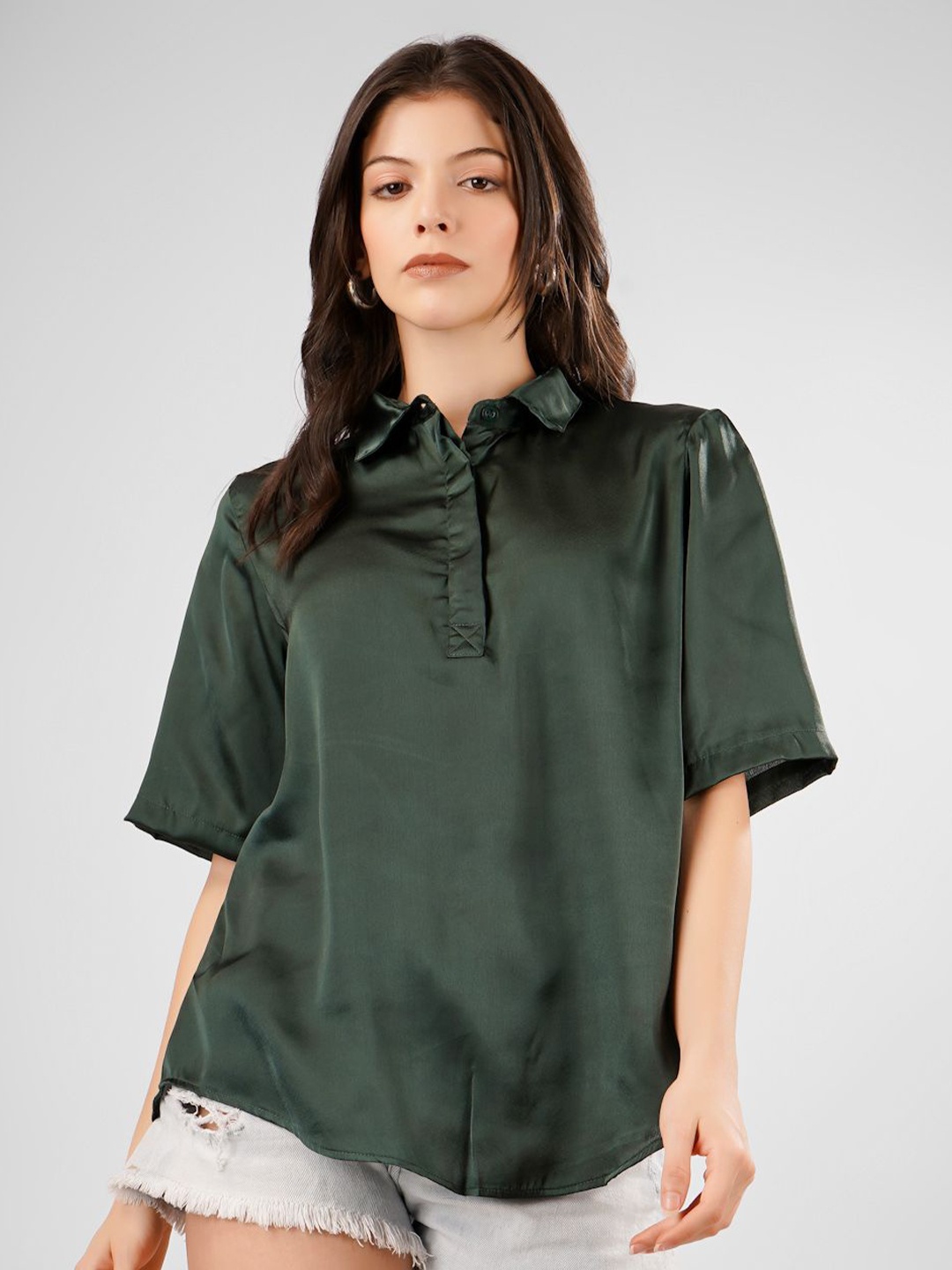 

Sukshat Satin Shirt Style Top, Green