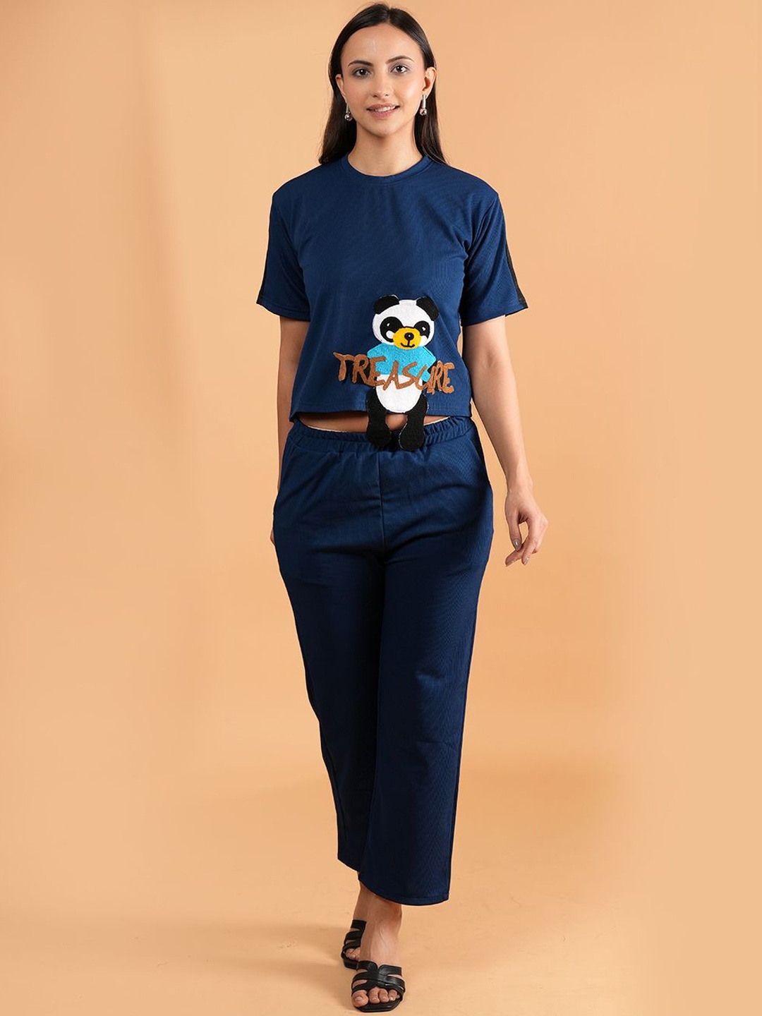 

BAESD Printed Round Neck T-shirt With Trousers, Navy blue