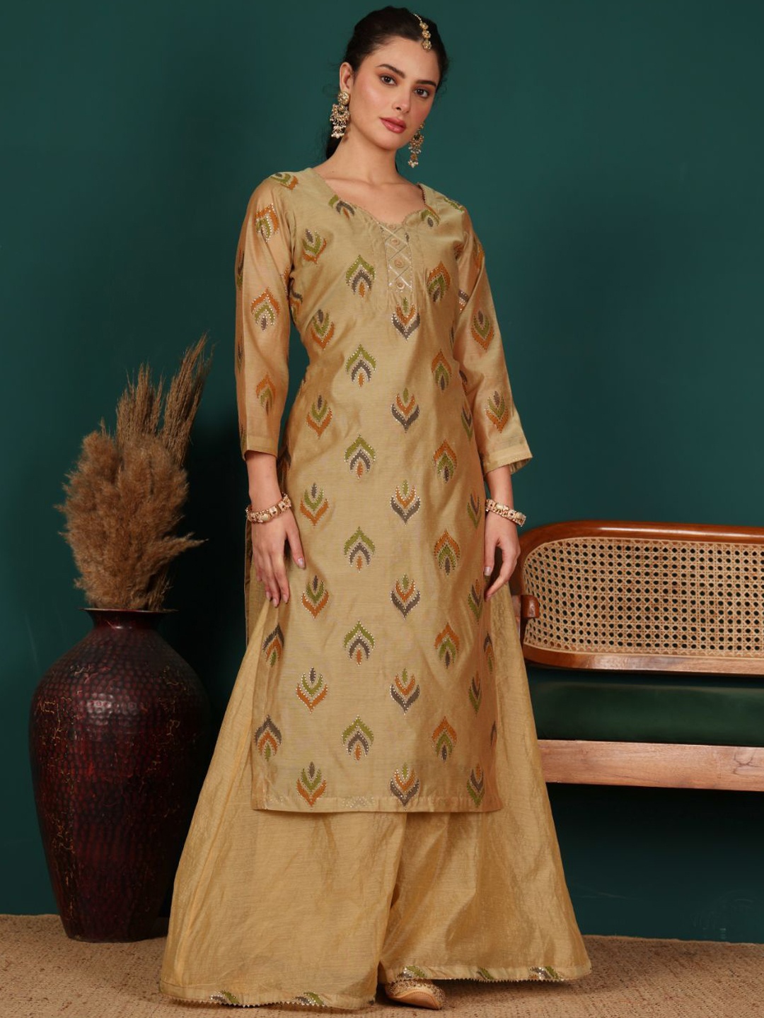 

Lative Colours of Fashion Women Regular Gotta Patti Chanderi Cotton Kurta with Palazzos & With Dupatta, Beige