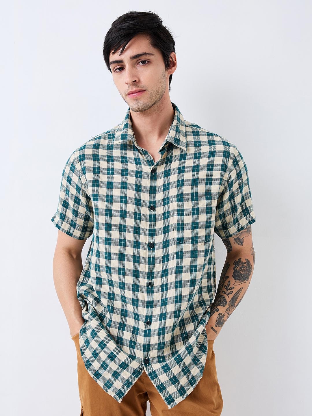 

SPYKAR Men Spread Collar Checked Cotton Casual Shirt, Green