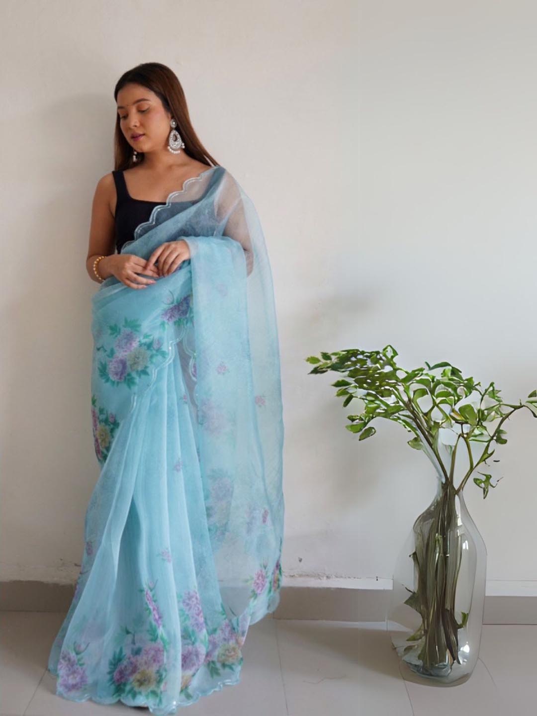 

ODETTE Floral Sequinned Organza Saree, Blue