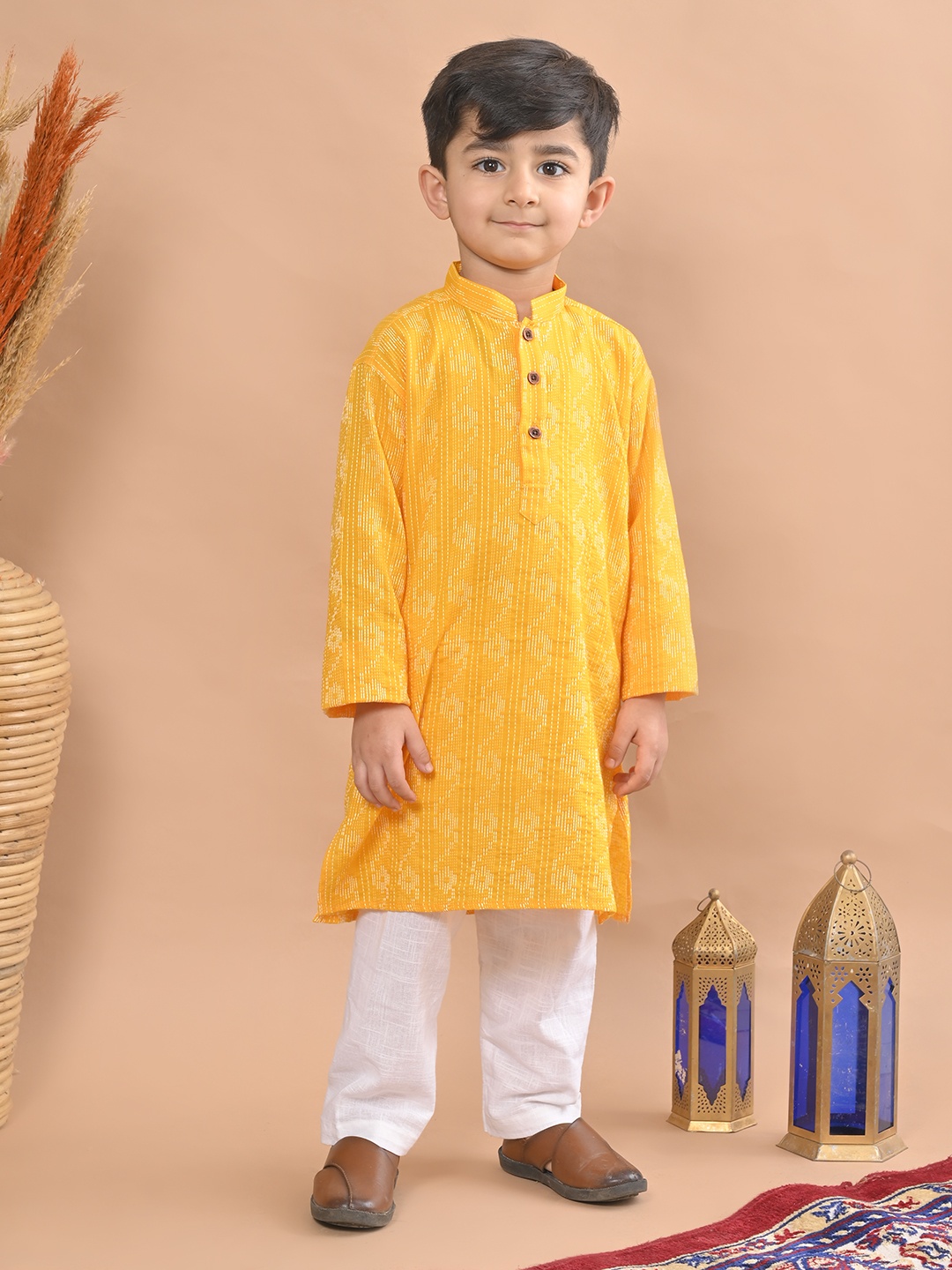 

Sangria Yellow Boys Geometric Woven Design Pure Cotton Straight Kurta With Pyjama