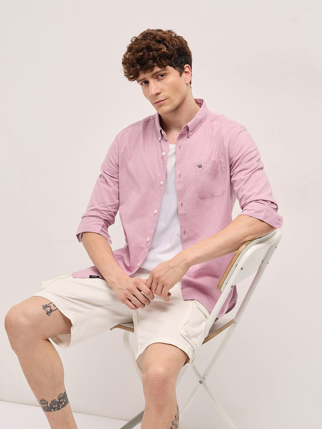 

THE BEAR HOUSE Men Button-Down Collar Solid Cotton Casual Shirt, Pink