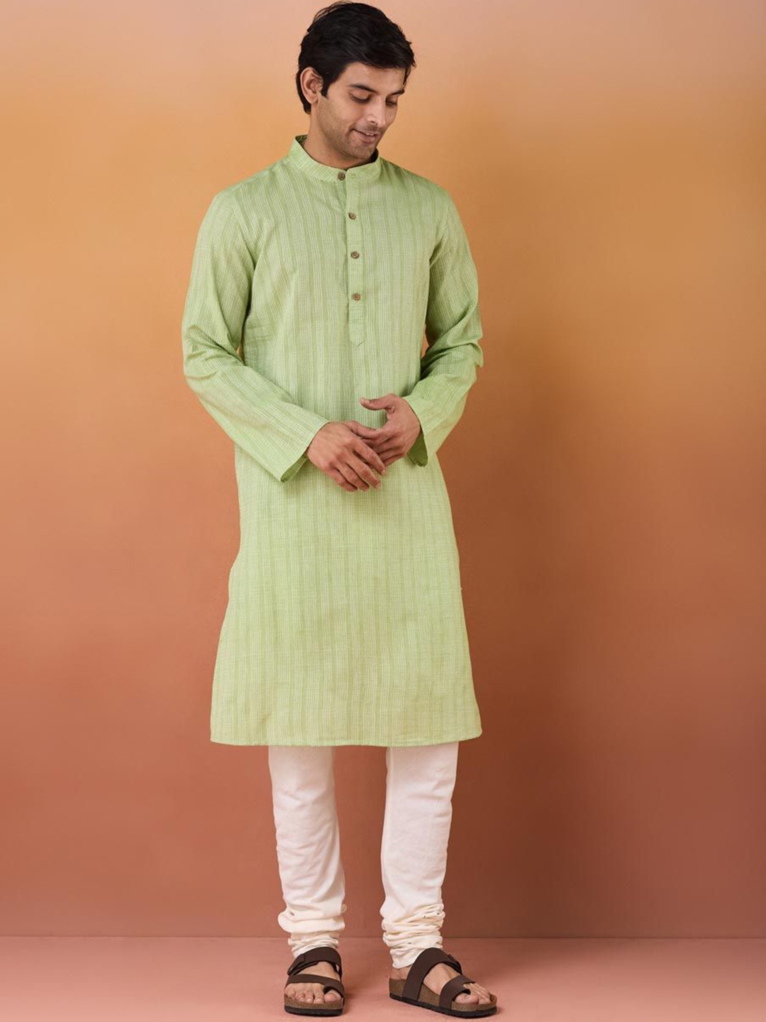 

Fabindia Men Striped Band Colla Cotton Straight Kurta, Green