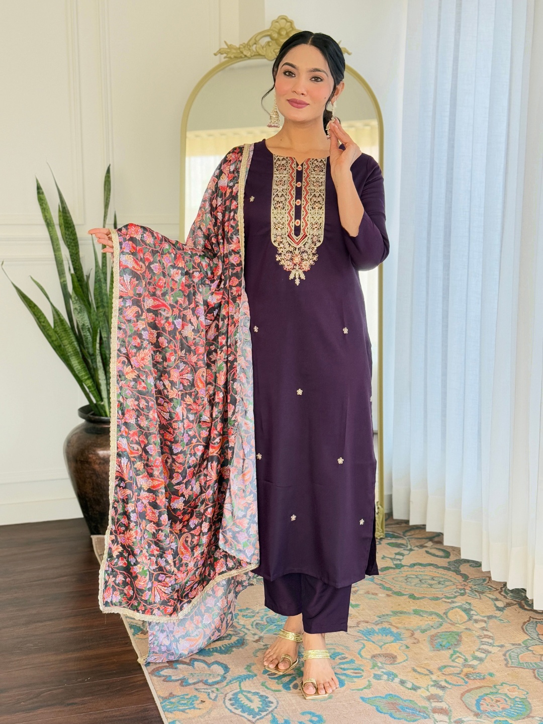 

KALINI Floral Embroidered Notch Neck Straight Kurta With Trouser And Dupatta, Purple
