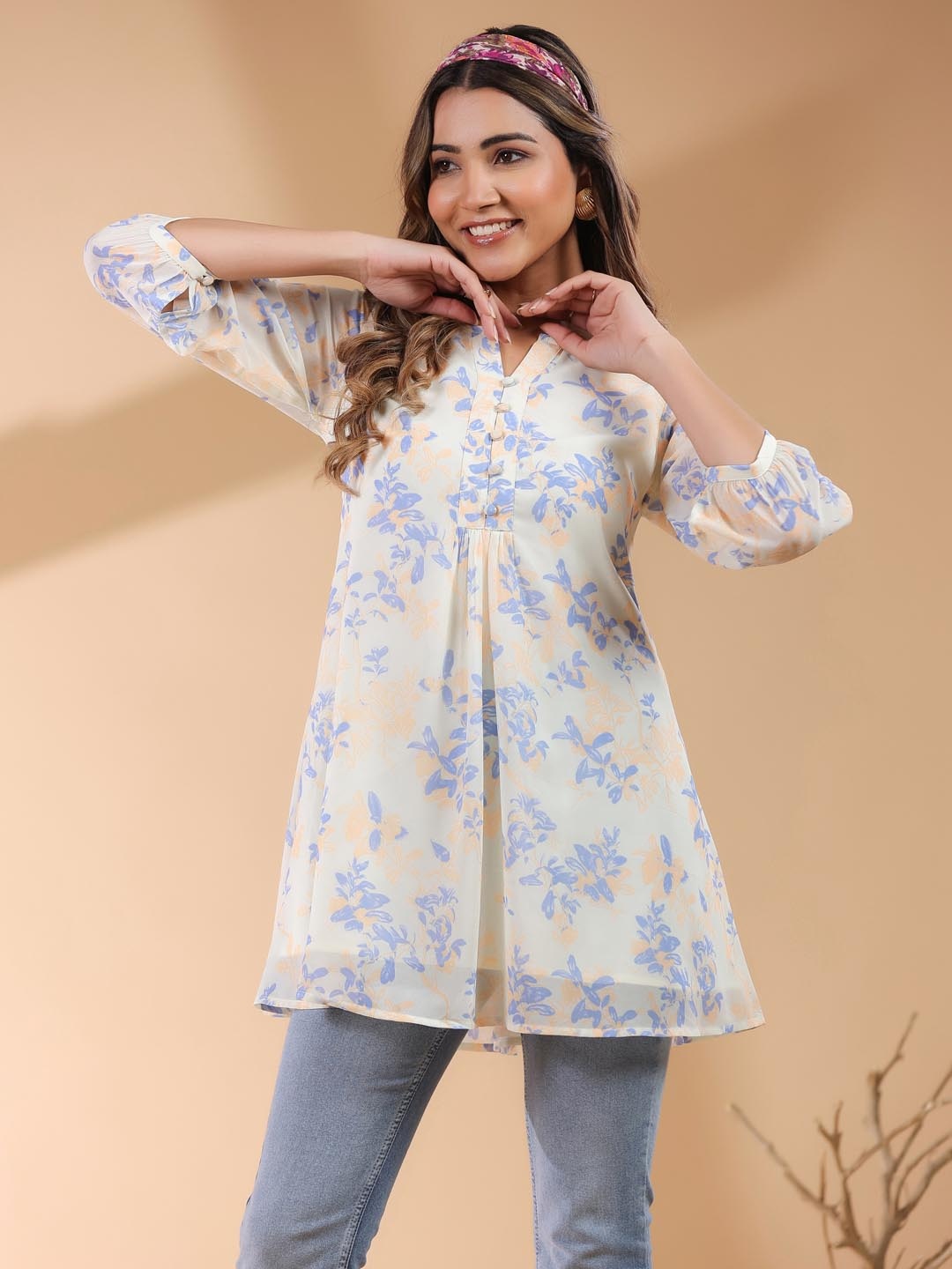 

Janasya Women Cream Georgette Floral Printed A-line Tunic, White