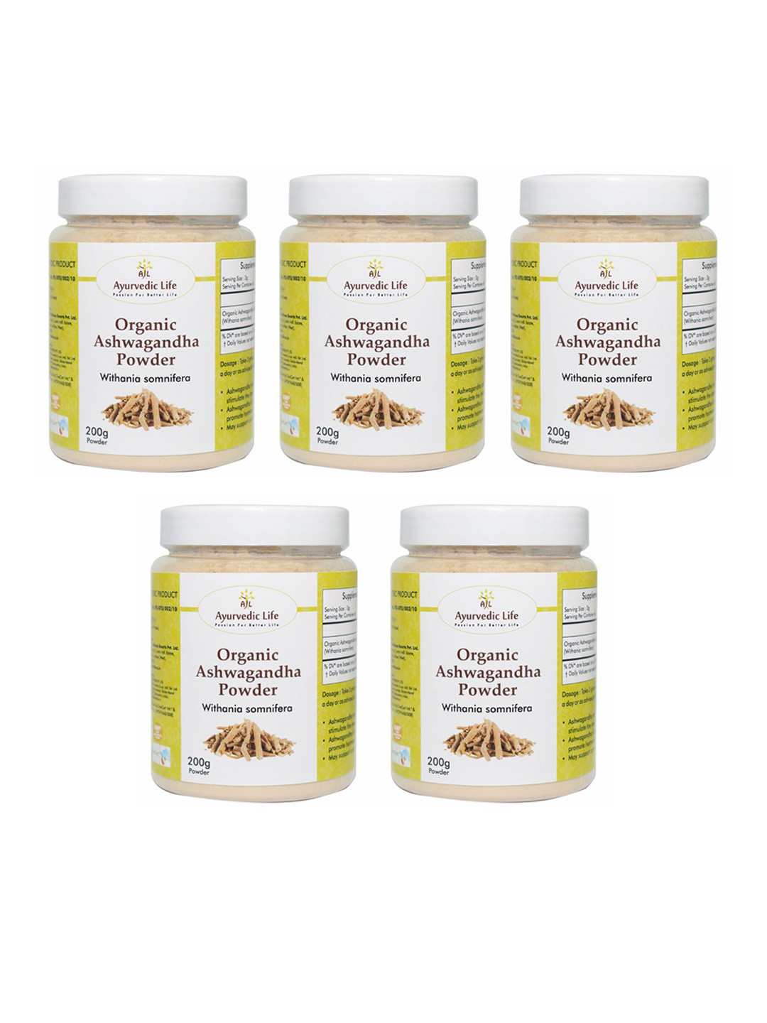 

Ayurvedic Life Set Of 5 Organic Ashwagandha Powder - 200 g Each, White