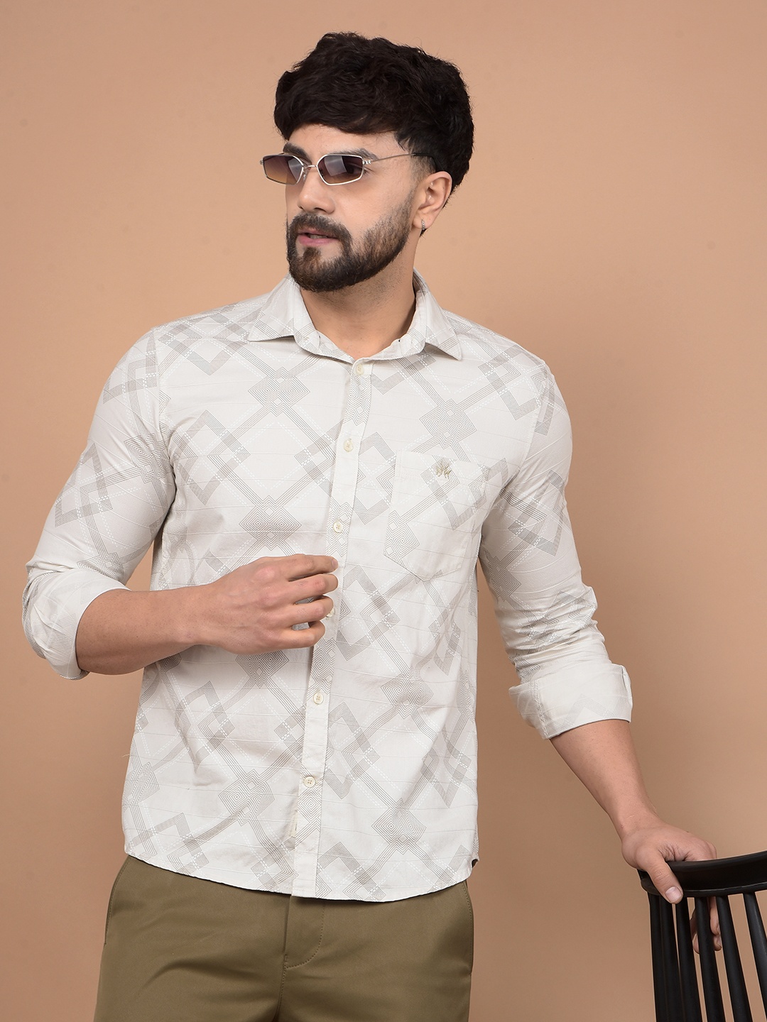 

Crimsoune Club Men Premium Slim Fit Spread Collar Geometric Printed Cotton Casual Shirt, Cream