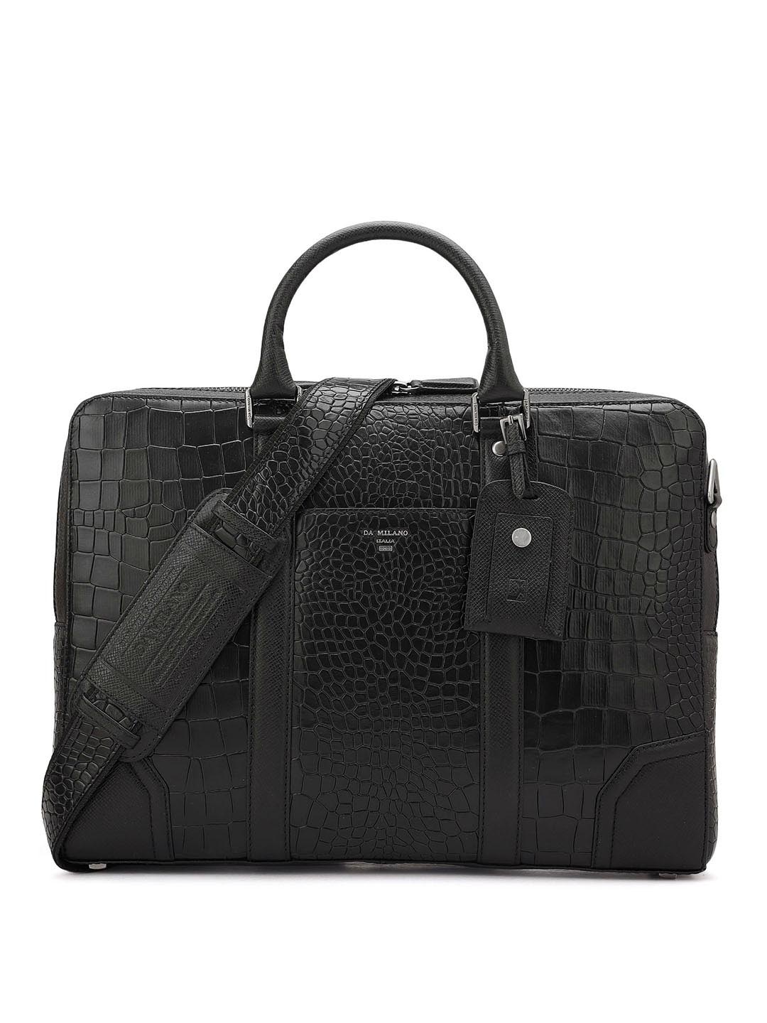 

Da Milano Men Textured Leather Laptop Bag, Black