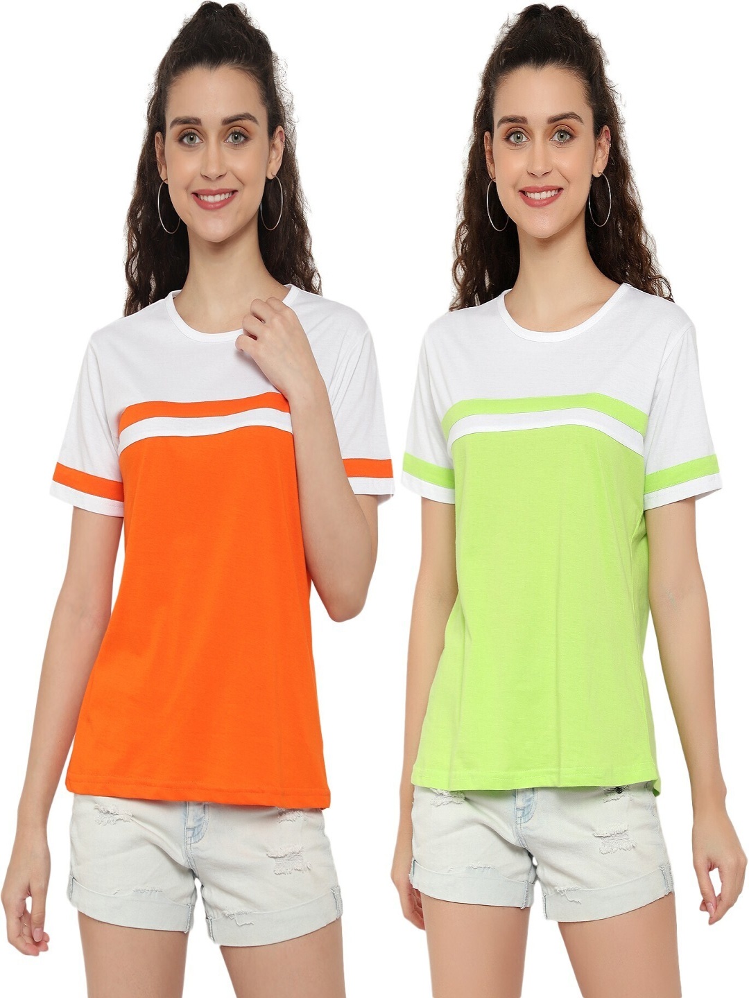 

DEEPMAYRA COLLECTION Women Pack Of 2 Colourblocked Round Neck Cotton T-shirts, Multi