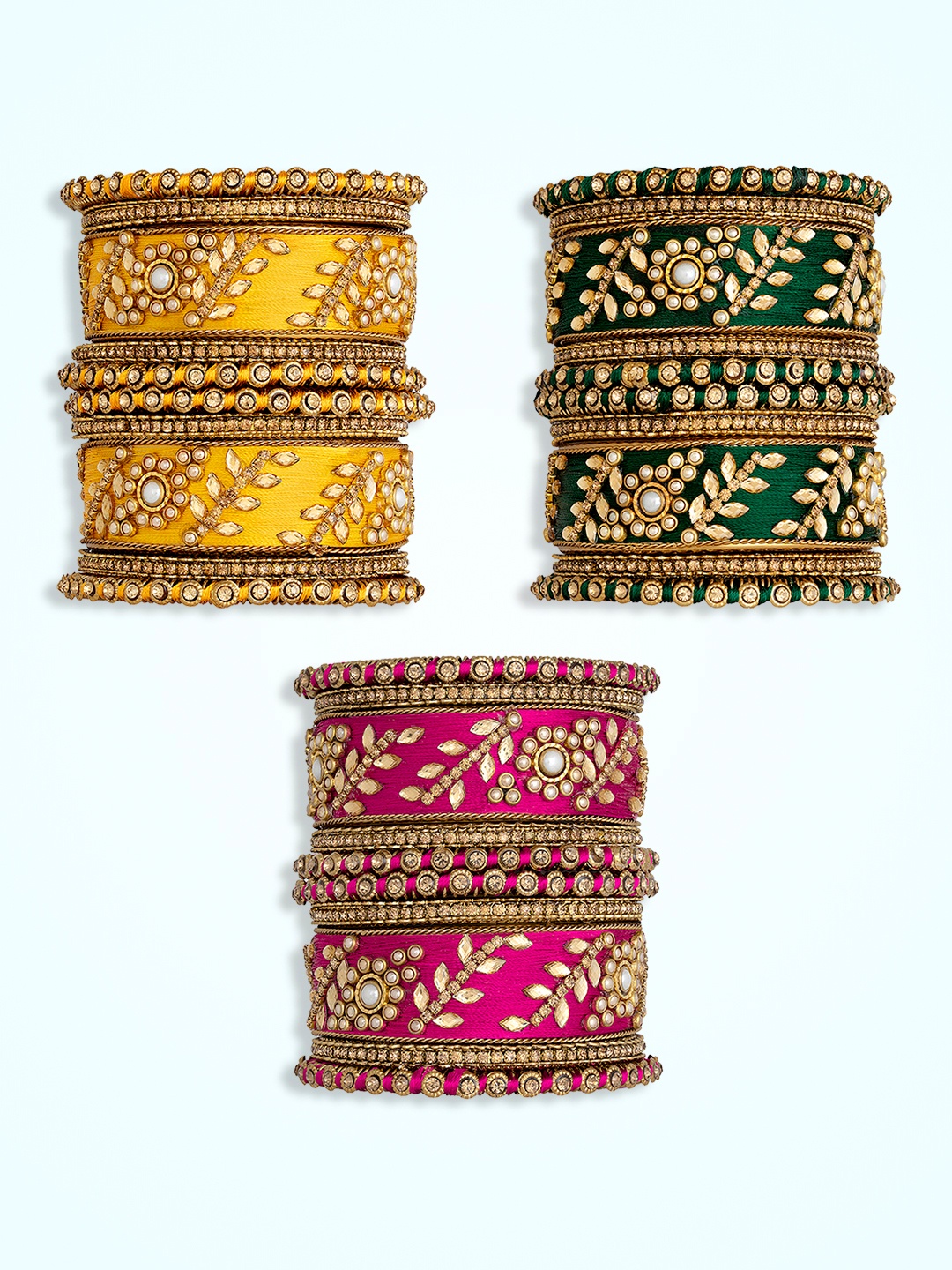 

Peora Set Of 30 Gold Plated Stone Studded & Silk Threaded Bangles