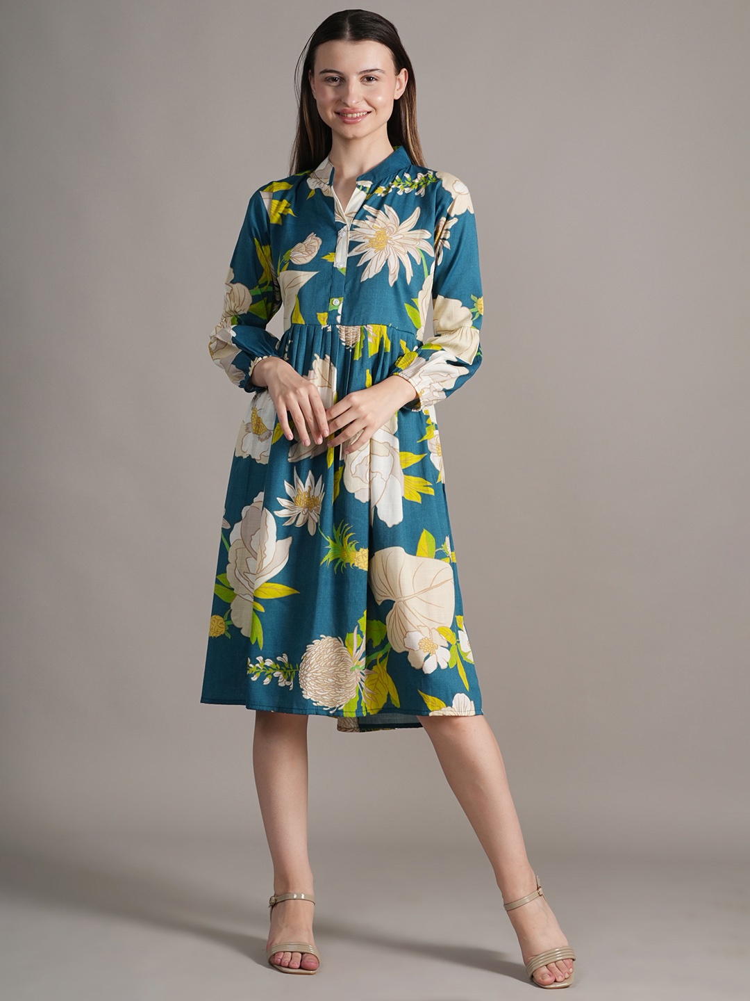 

BAESD Women Floral Printed Mandarin Collar Cotton Fit and Flare Dress, Teal