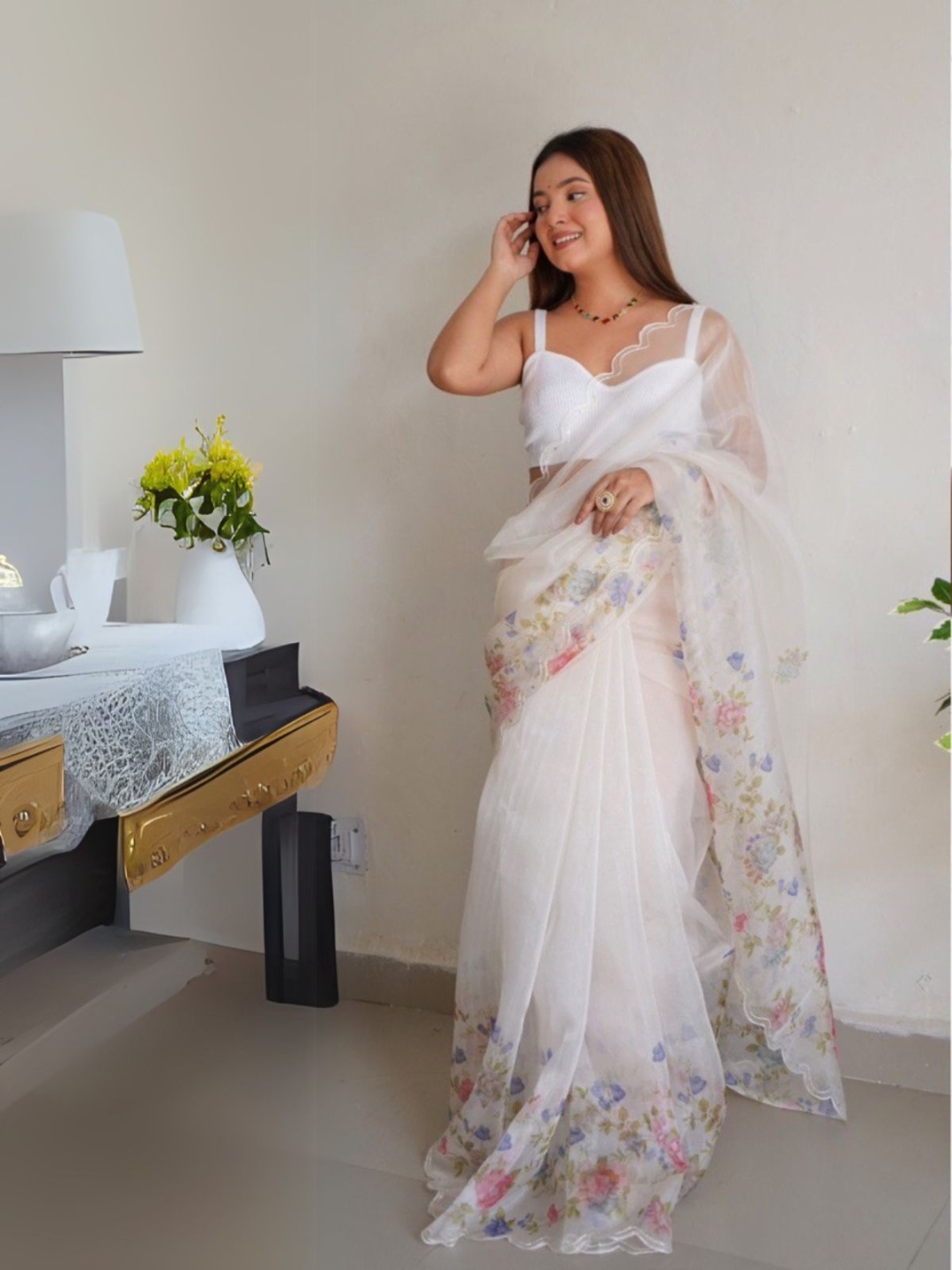 

ODETTE Floral Sequinned Organza Saree, White