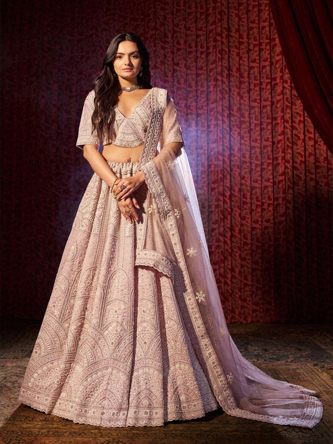 

ODETTE Embroidered Beads and Stones Semi-Stitched Lehenga & Unstitched Blouse With Dupatta, Pink