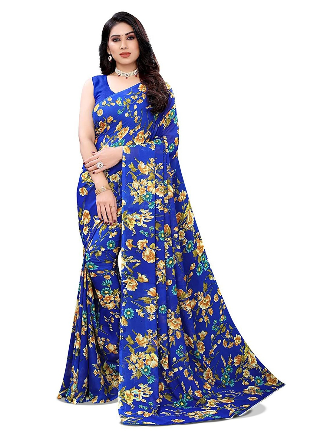 

HERE&NOW Floral Poly Georgette Saree, Blue