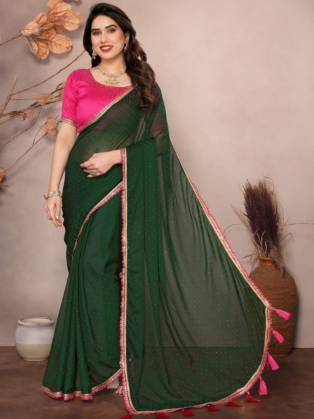 

KALINI Polka Dot Sequinned Poly Georgette Saree, Green