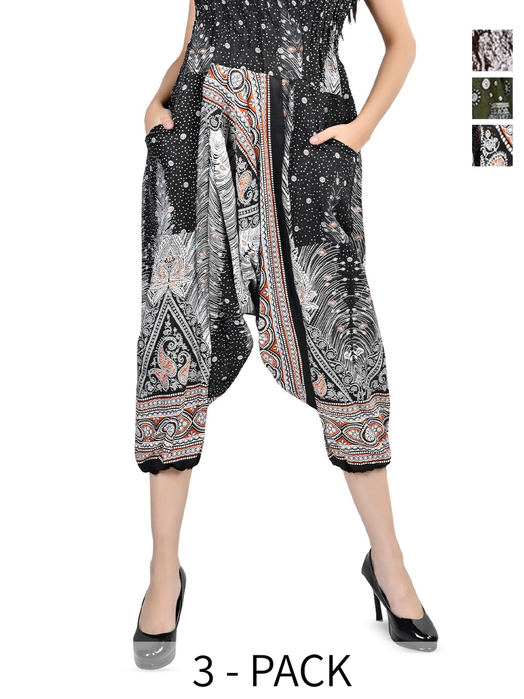 

NarNari Women Pack Of 3 Printed High Rise Harem Pants, Black