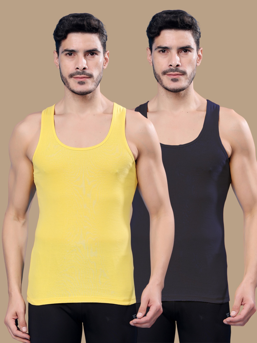 

Friskers Men Pack Of 2 Cotton Ribbed Gym Vest, Yellow