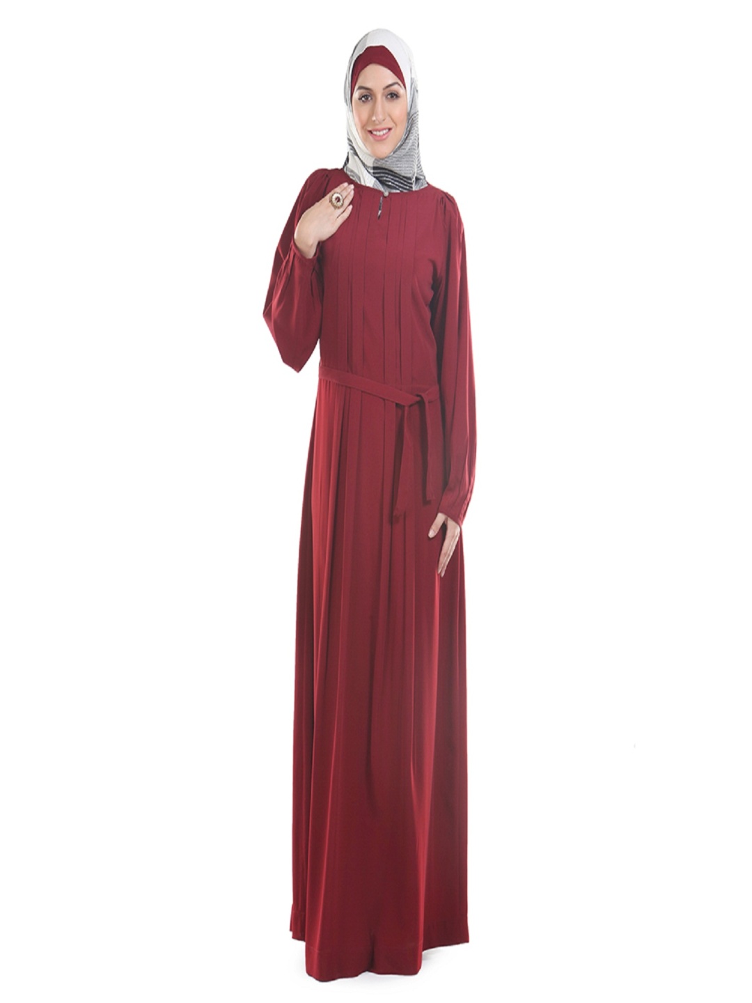 

MOMIN LIBAS Women Solid Pleated Neck Abaya Burqa, Red