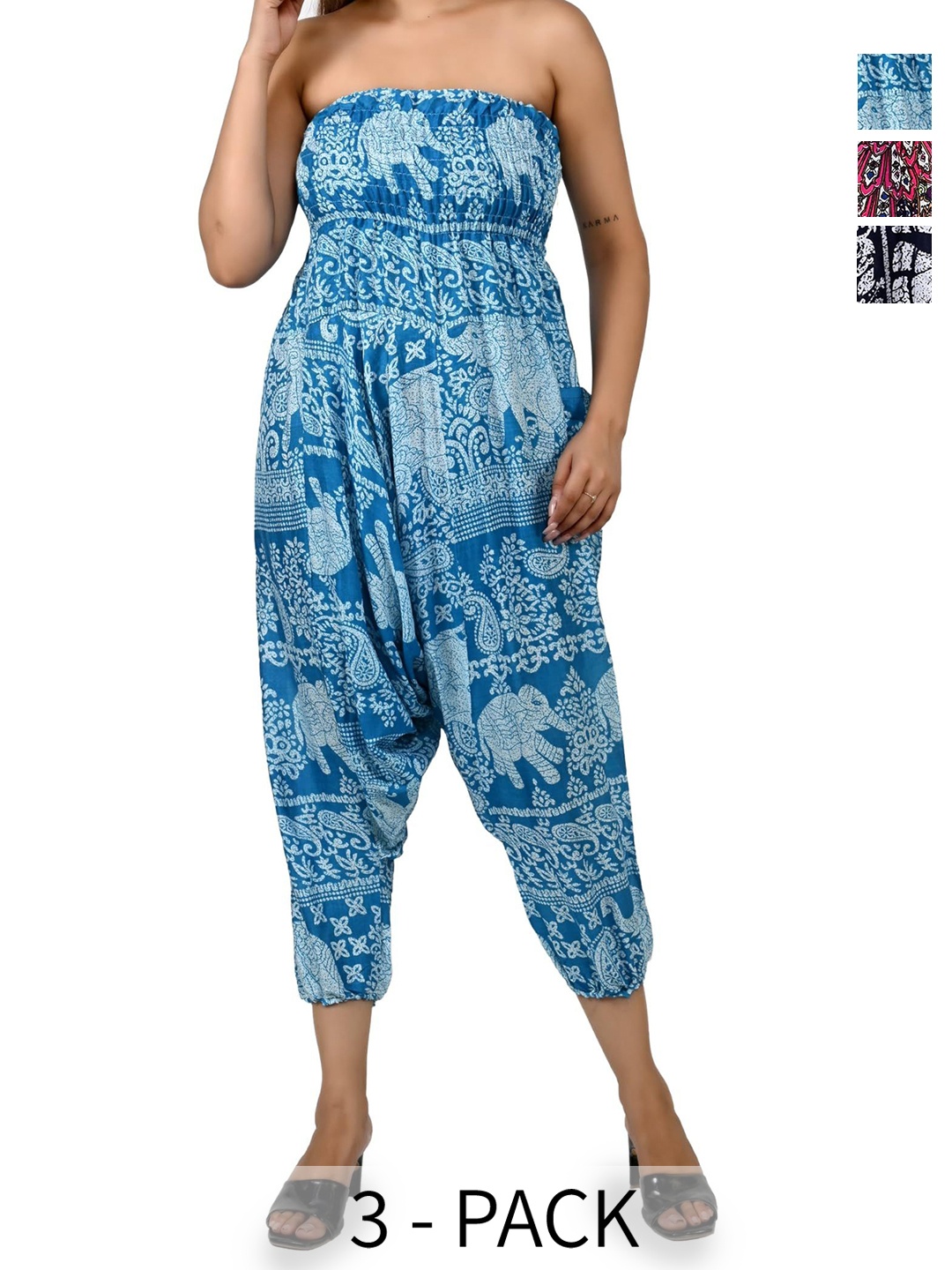 

NarNari Women Pack Of 3 Printed Mid-Rise Harem Pants, Blue