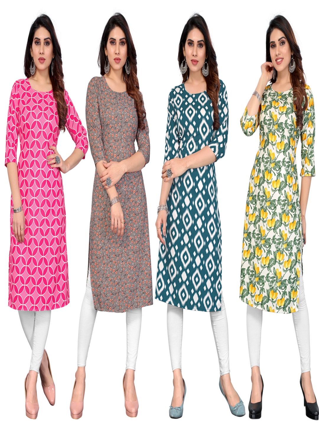

KETAKI FASHION Selection Of 4 Geometric Printed Round Neck Straight Kurtas, Pink