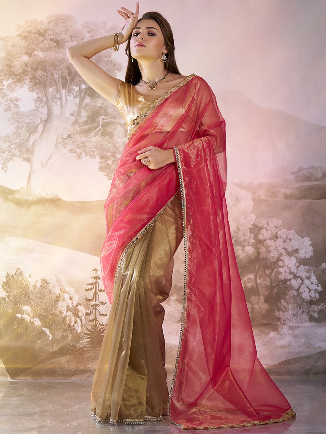 

Mitera Half and Half Colourblocked Mirror Work Organza Saree, Pink