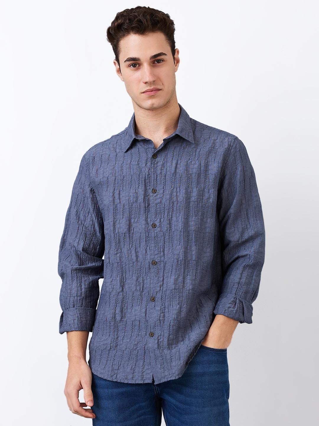 

SPYKAR Men Spread Collar Textured Cotton Casual Shirt, Navy blue