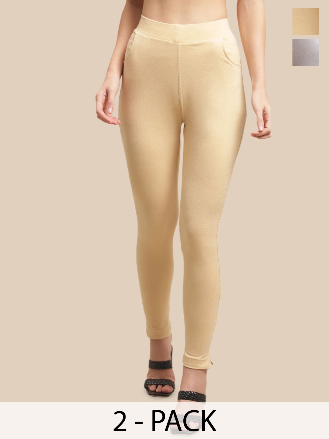 

Valles365 by S.C. Women Pack Of 2 Cotton Ankle-Length Leggings with Pocket, White