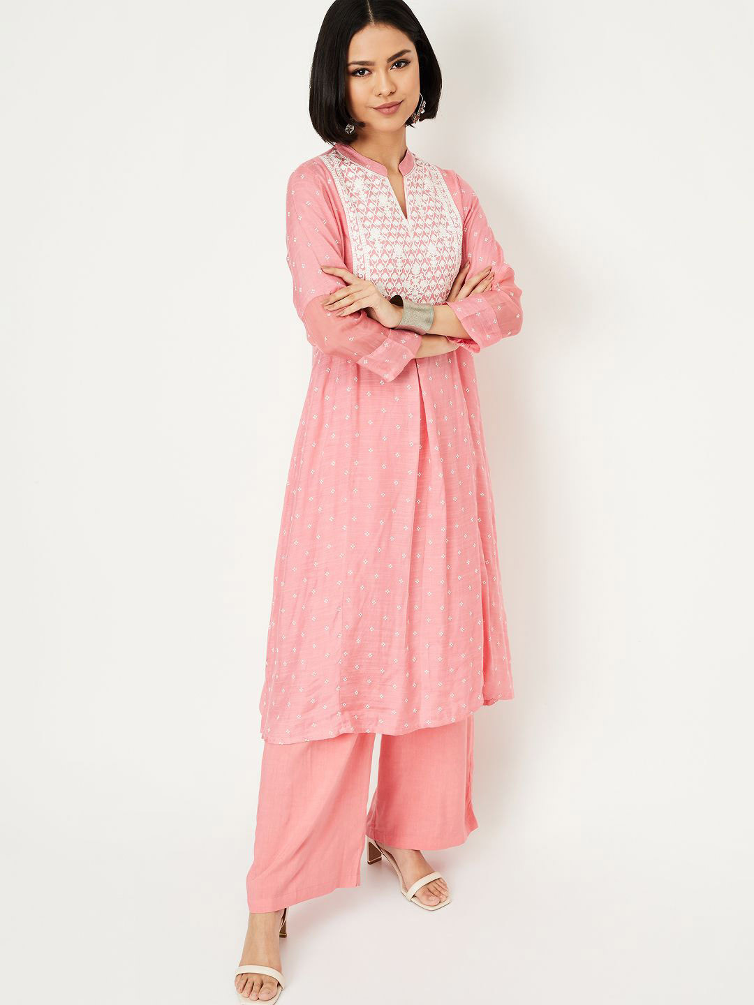 

max Ethnic Motifs Embroidered Mandarin Collar Pleated A-Line Kurta With Trousers, Pink