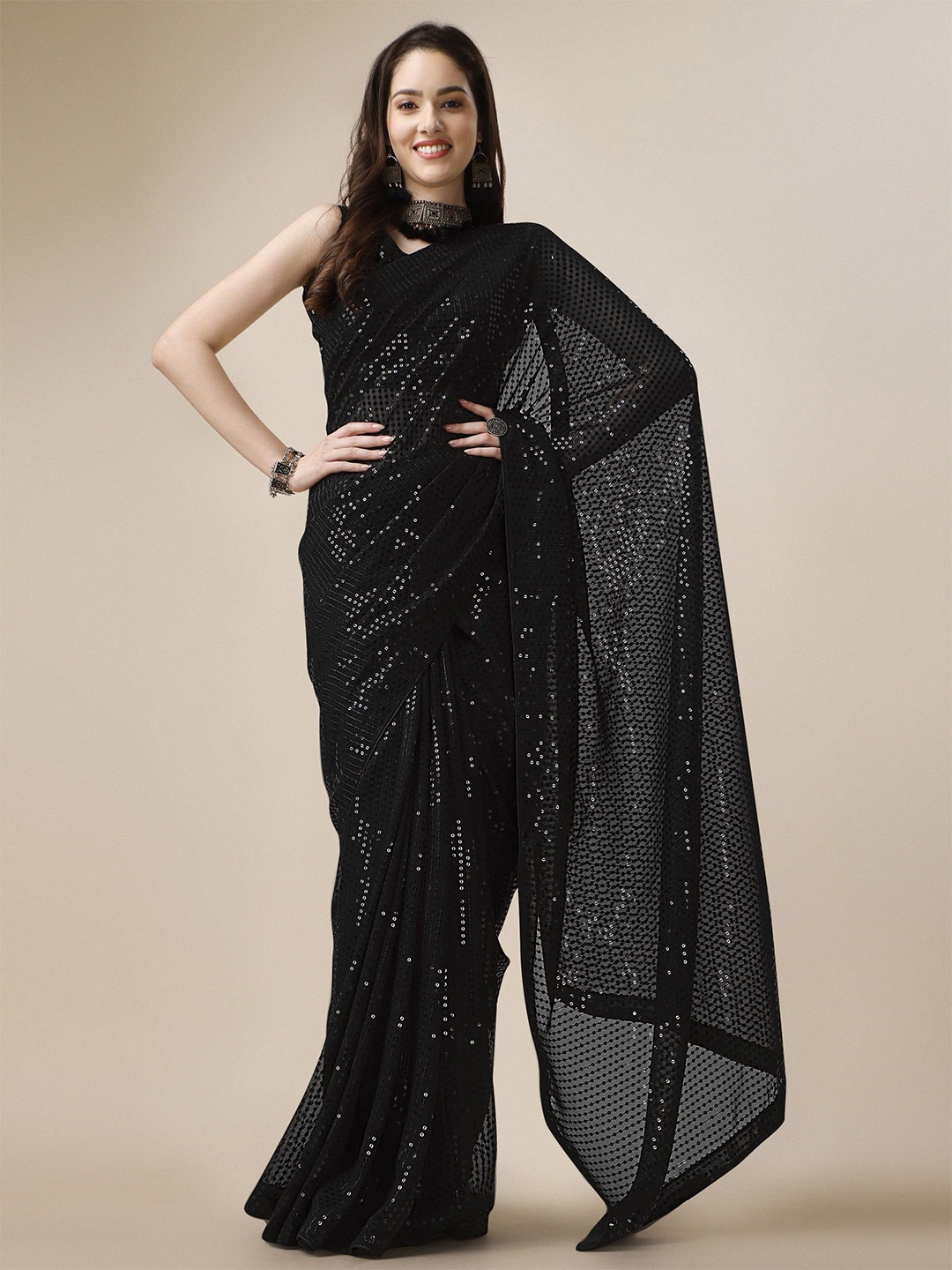 

Moda Rapido Embellished Sequinned Pure Georgette Saree, Black