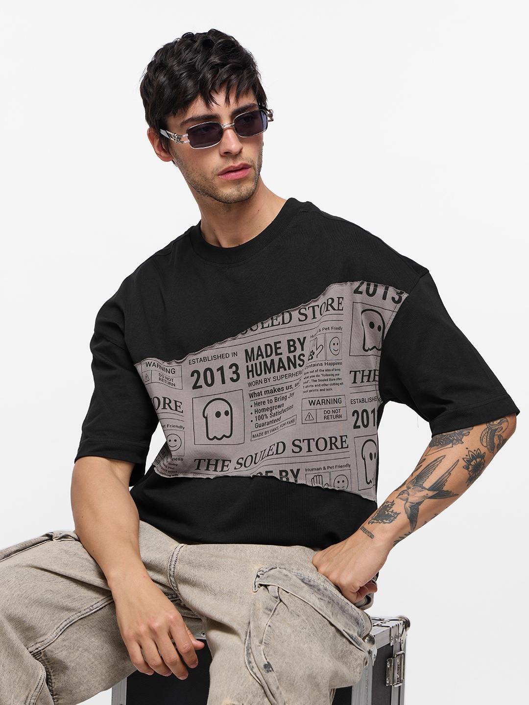 

The Souled Store Men Typography Printed Round Neck Cotton Oversized T-shirt, Black