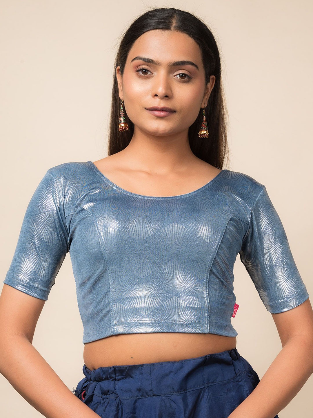 

Bindigasm's Advi Women Shimmering Stretchable Saree Blouse, Blue