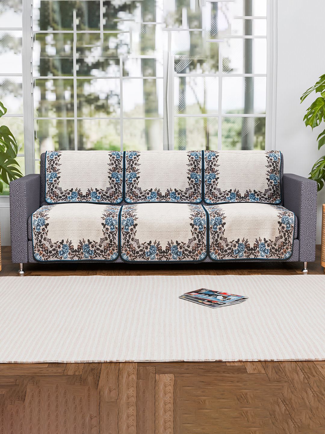 

Kuber Industries Cream-Coloured 6 Pieces 3 Seater Floral Printed Cotton Sofa Covers